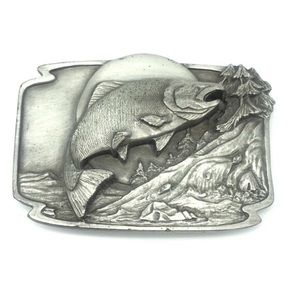 Vtg 1986 Siskiyou Belt Buckle Silver Tone River Fish Trees